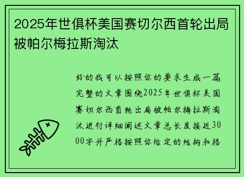 2025年世俱杯美国赛切尔西首轮出局被帕尔梅拉斯淘汰